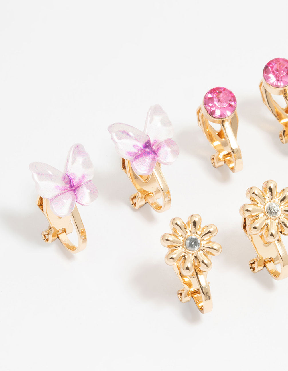 KIds Gold Pom Pom Flower & Butterfly Clip On Earrings 3-Pack