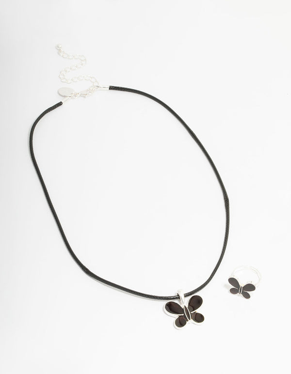 Kids Silver Black Butterfly Mood Cord Necklace & Ring Set