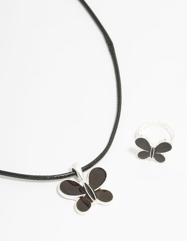 Kids Silver Black Butterfly Mood Cord Necklace & Ring Set