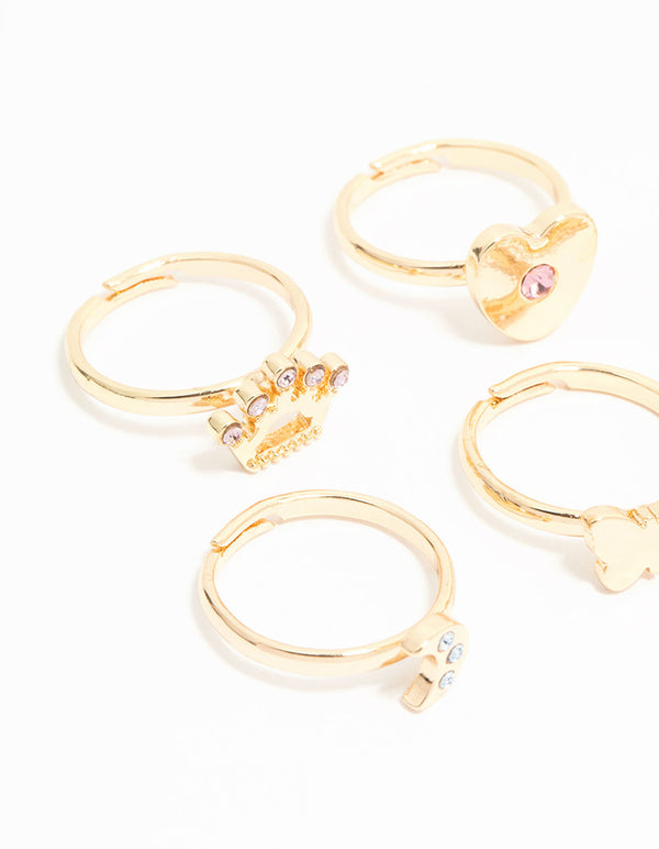 Kids Gold Diamante Butterfly Crown & Heart Fashion Rings 6-Pack