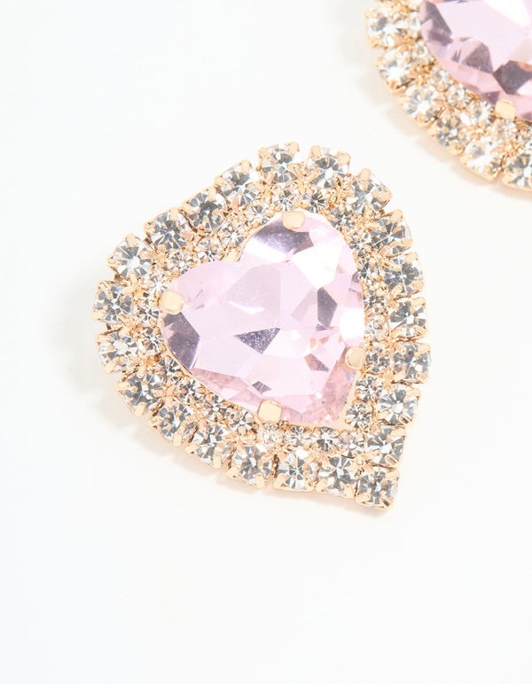 Rose Gold Diamante Pink Heart Stud Earrings