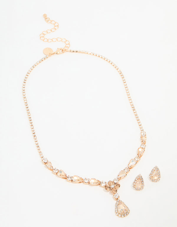 Rose Gold Diamante Necklace & Earrings Set