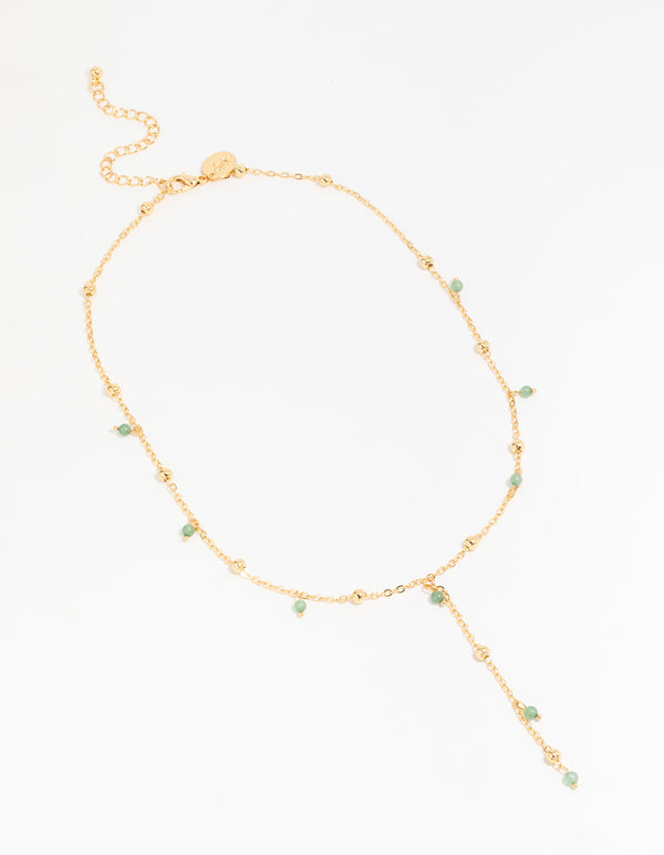 Gold Plated Green Semi Precious Ball Y-Necklace