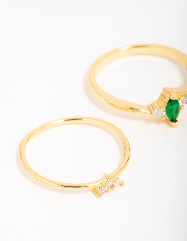 Gold Plated Emerald Diamante Teardrop Rings 3-Pack