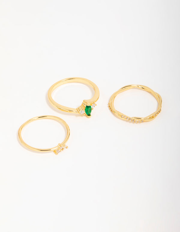 Gold Plated Emerald Diamante Teardrop Rings 3-Pack