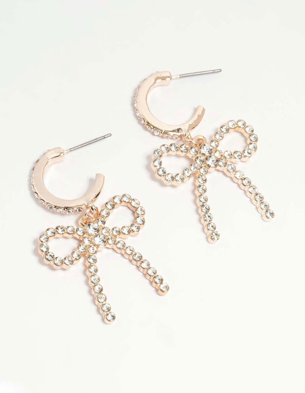 Rose Gold Diamante Pave Bow Hoop Earrings