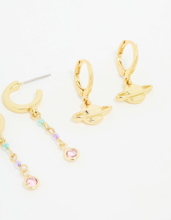 Gold Plated Cubic Zirconia Outer Space Earrings 3-Pack
