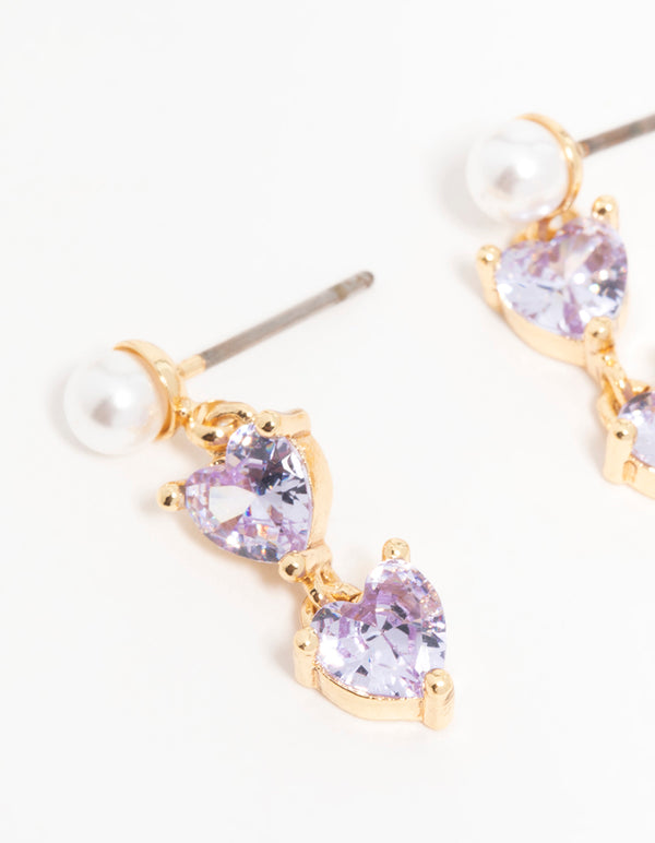 Gold Purple Cubic Zirconia Pearl Dainty Heart Drop Earrings