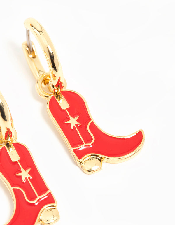 Gold Plated Red Enamel Cowboy Boot Drop Earrings