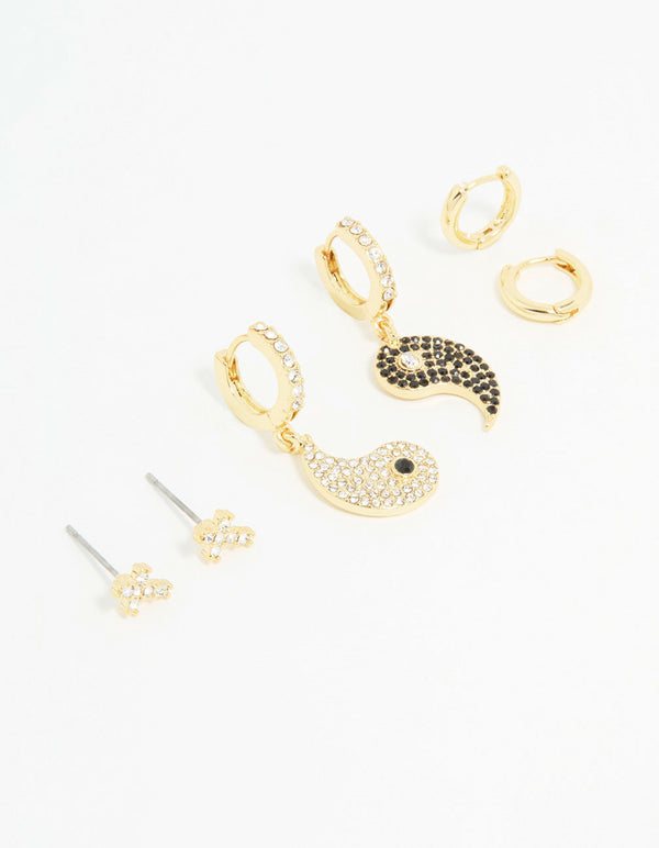 Gold Plated Cubic Zirconia Yin Yang Earrings 3-Pack