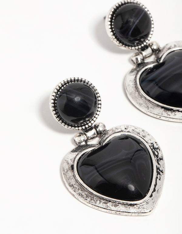 Silver Black Enamel Heart Drop Earrings