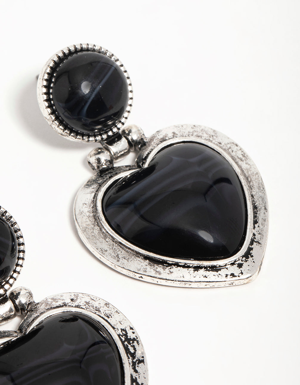 Silver Black Enamel Heart Drop Earrings