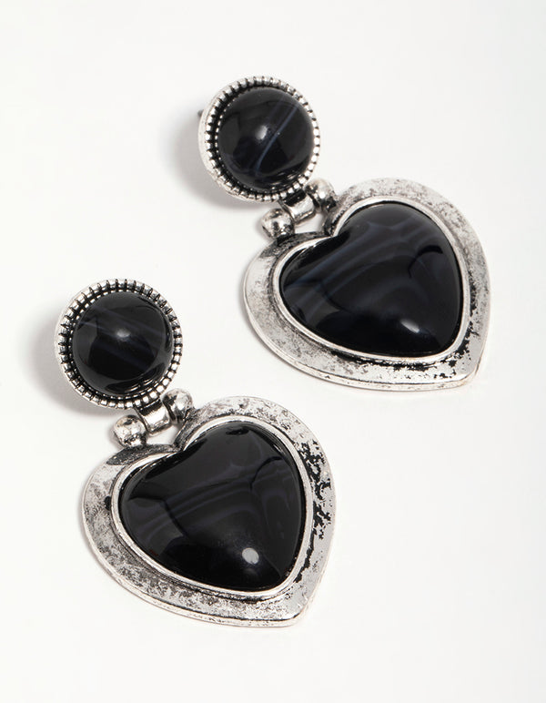 Silver Black Enamel Heart Drop Earrings