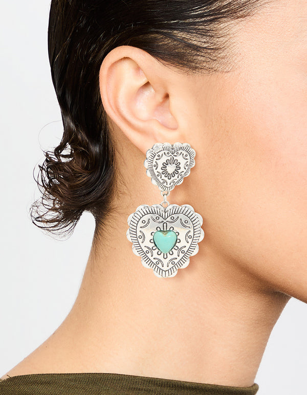 Antique Silver Turquoise Double Heart Drop Earrings