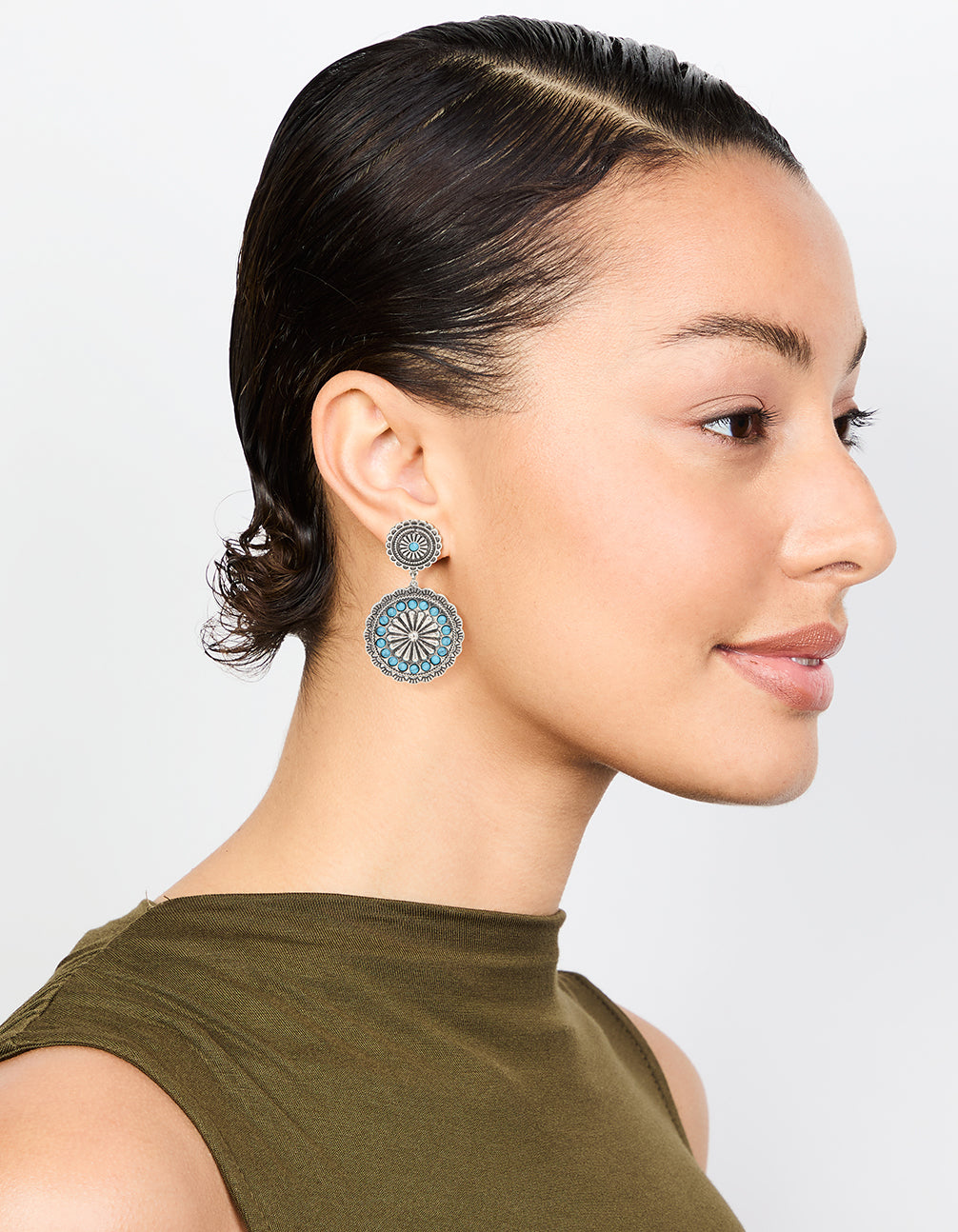 Antique Silver Turquoise Circle Drop Earrings