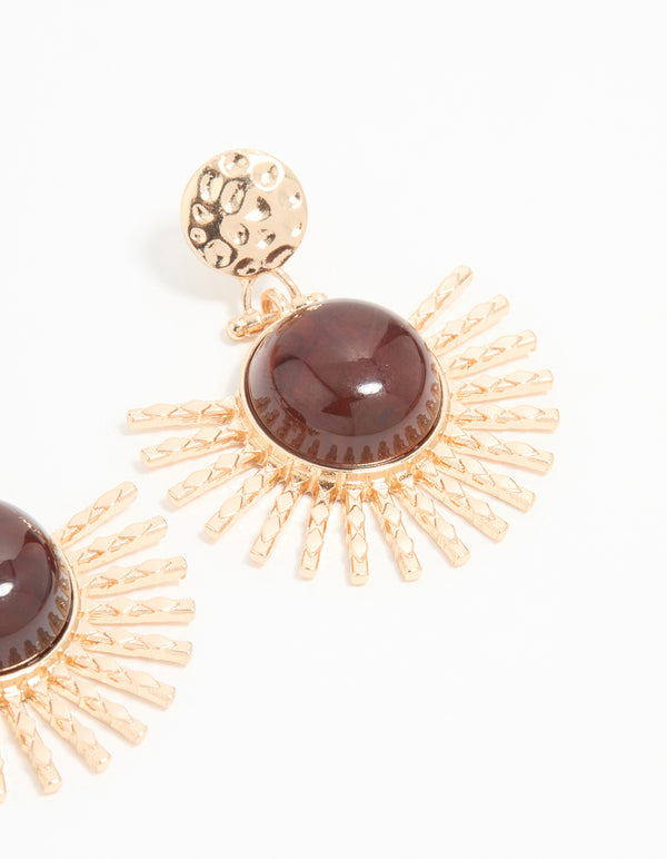 Gold & Brown Stone Circular Fan Drop Earrings