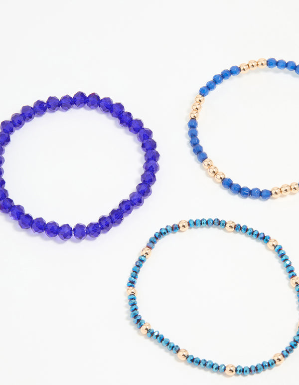 Gold Blue Beaded Stretch Bracelets 5-Pack