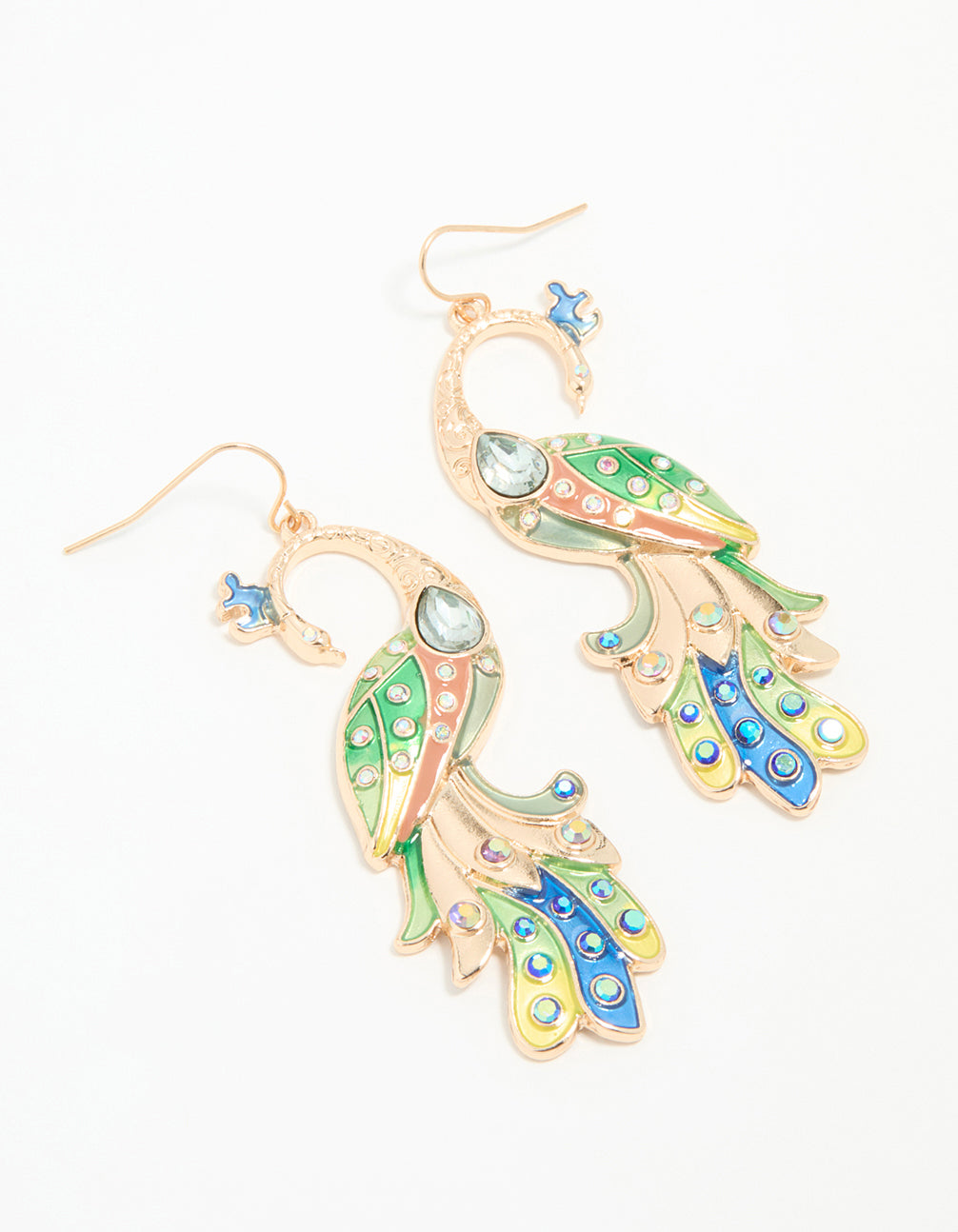 Gold Multi-Coloured Peacock Drop Earrings