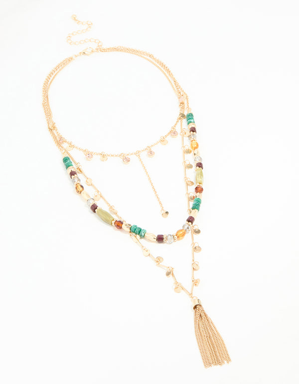 Gold Beaded Tassel Layered Necklace