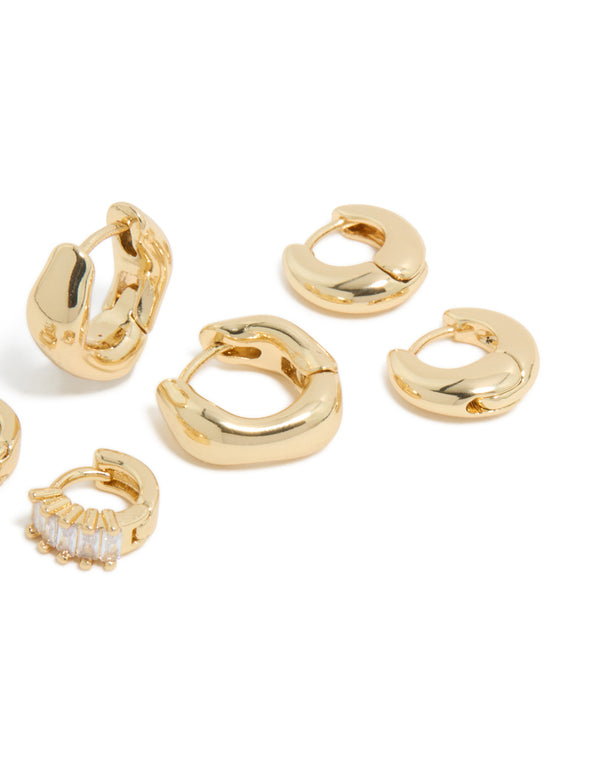 Gold Plated Brass Cubic Zirconia Baguette Earrings 4-Pack