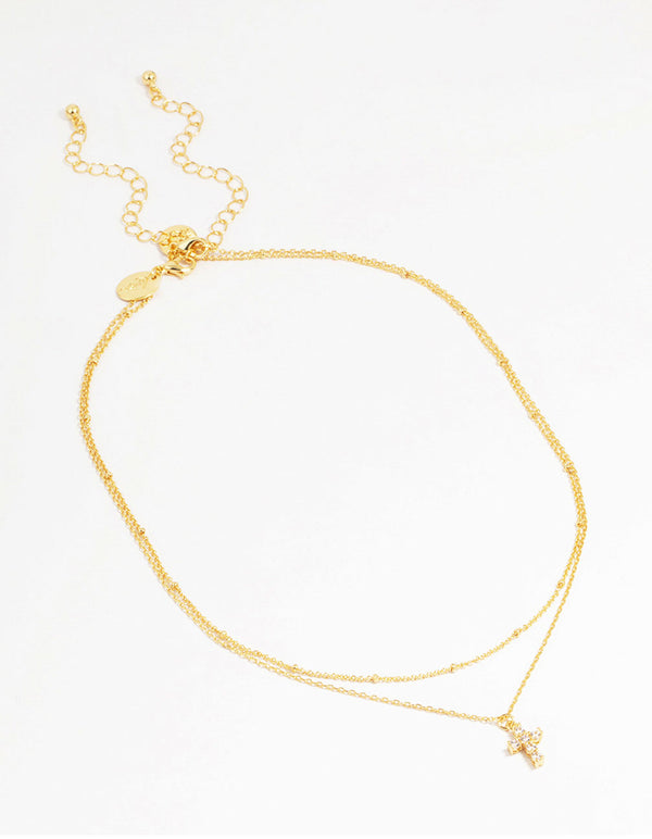 Gold Plated Brass Cubic Zirconia Mini Cross Layered Necklace