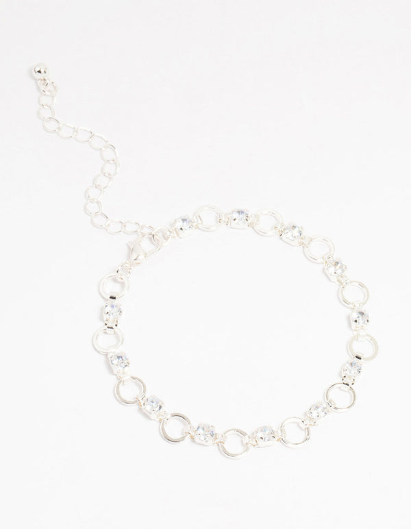 Silver Plated Brass Cubic Zirconia Alternating Link Bracelet