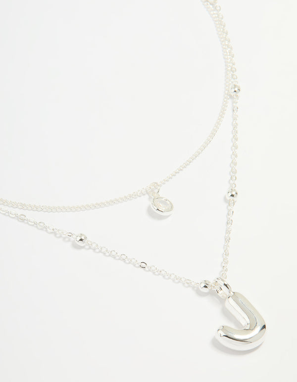 Silver Plated Cubic Zirconia & Bubble Letter J Layered Necklace