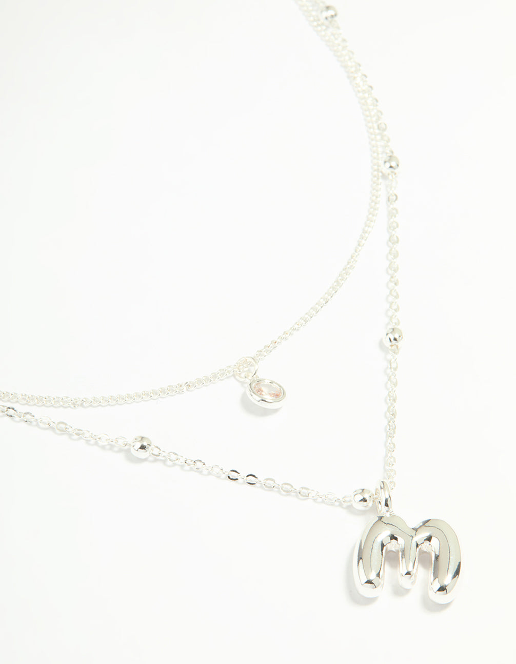 Silver Plated Cubic Zirconia & Bubble Letter M Layered Necklace