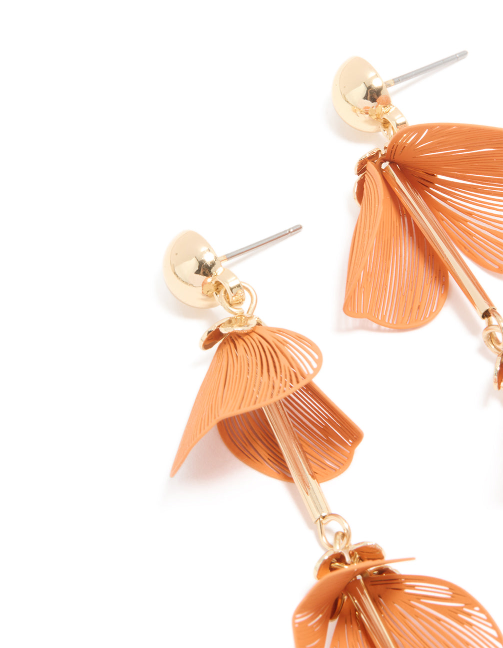 Gold Orange Flower Petal Drop Earrings
