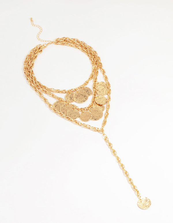 Gold Coin Molten Disc Layered Chain Necklace