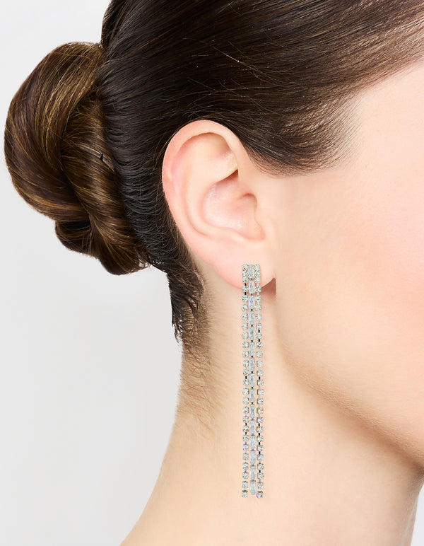 Silver Diamante Baguette Cupchain Drop Earrings