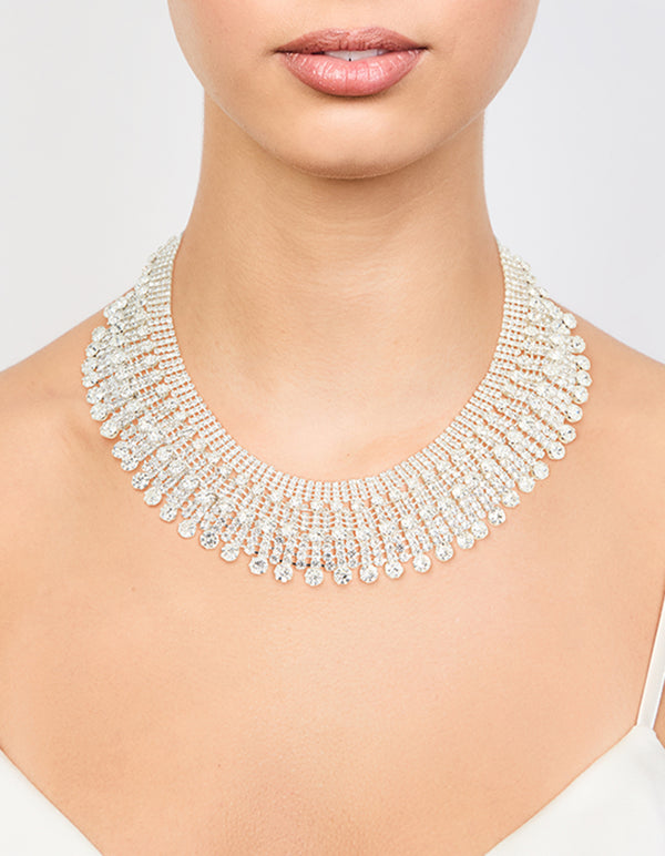 Silver Diamante Fan Cupchain Bib Necklace