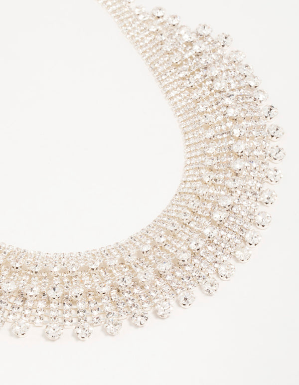 Silver Diamante Fan Cupchain Bib Necklace