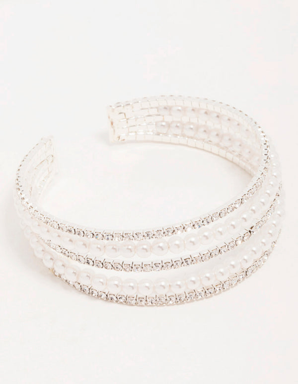 Silver Diamante & Pearl Alternating Cupchain Wrist Cuff