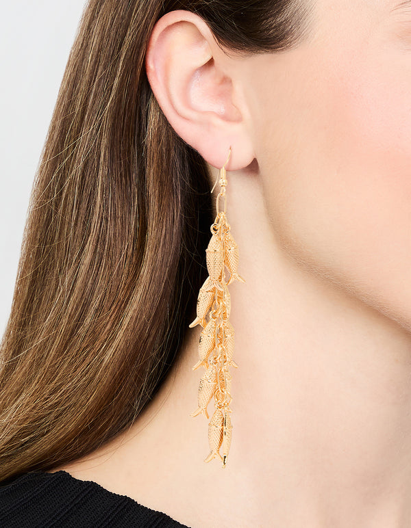 Gold Tassel Sardine Drop Earrings