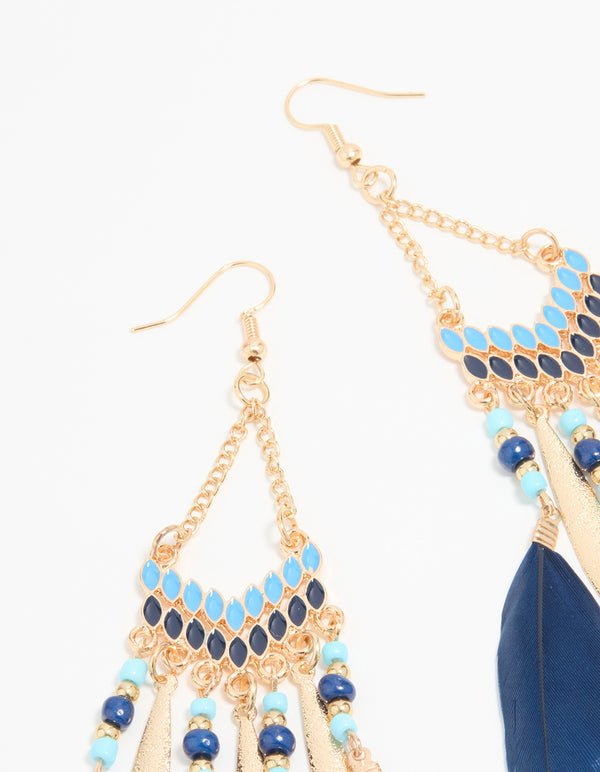 Gold Blue Feather Tassel Drop Earrings