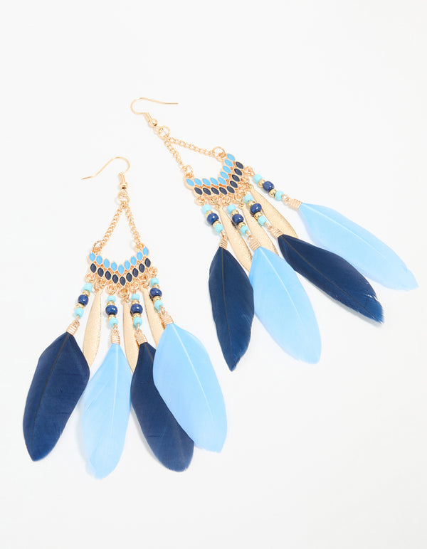 Gold Blue Feather Tassel Drop Earrings