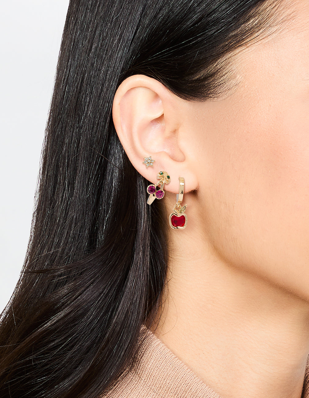 Gold Apple & Cherry Hoop Earrings 3-Pack