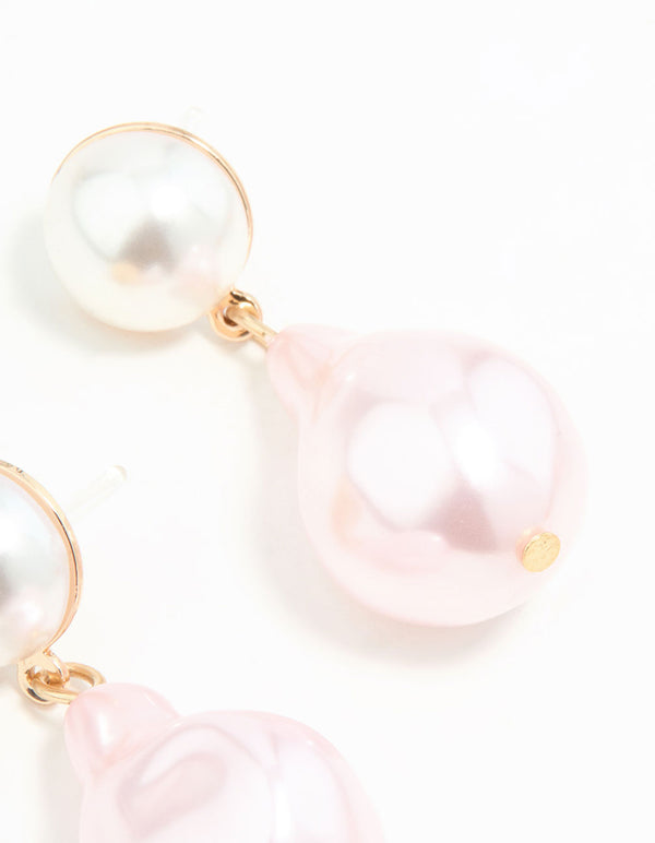 Gold Pink Pearl Drop Earrings