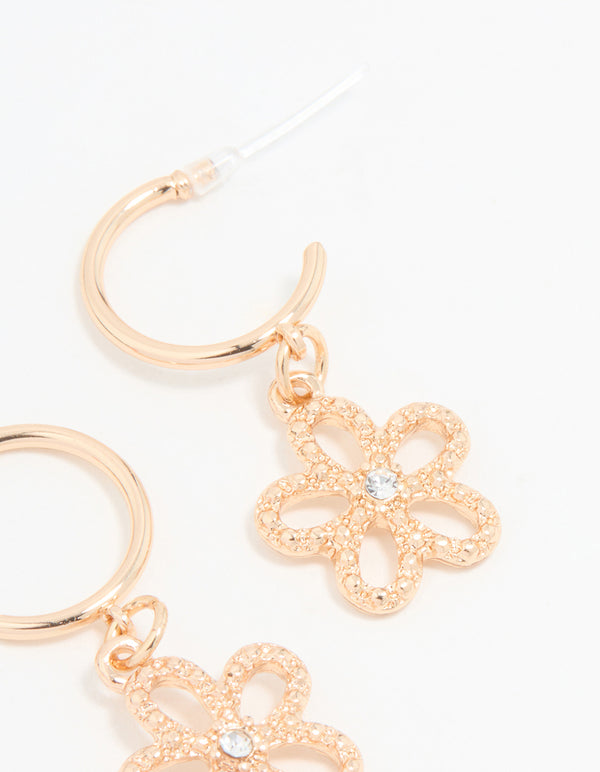 Gold Diamante Floral Drop Hoop Earrings