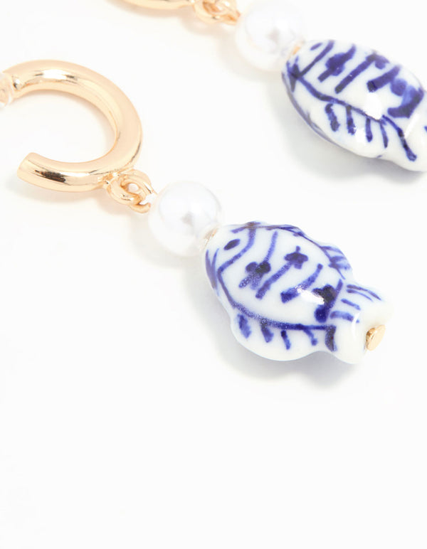 Gold Blue & White Fish Hoop Earrings
