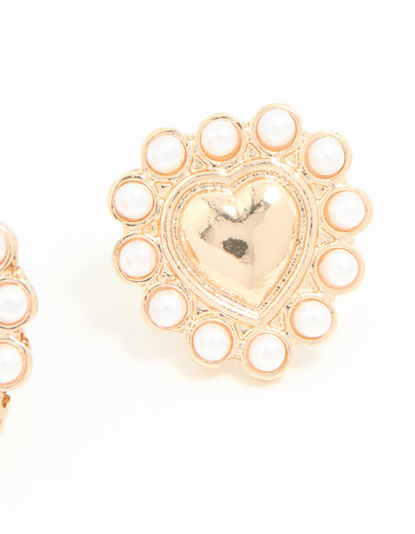 Gold Pearl Edge Heart Mini Stud Earrings