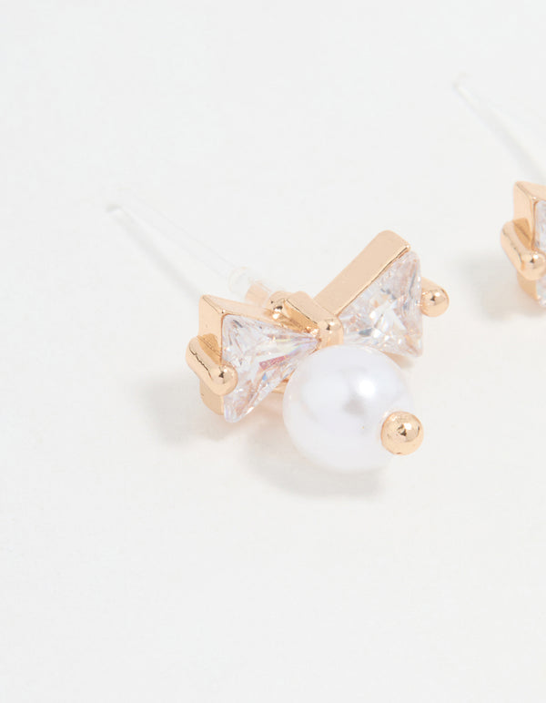 Gold Cubic Zirconia Pearl Bow Stud Earrings