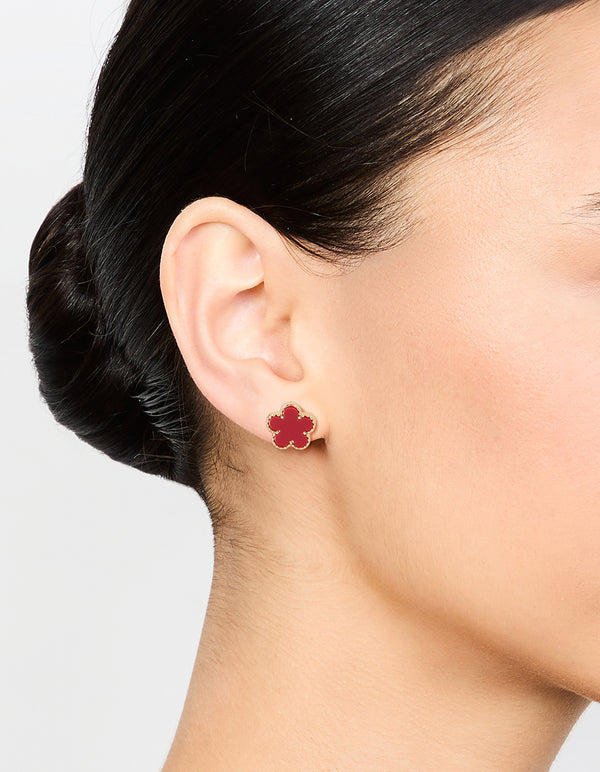 Gold Red Flower Stud Earrings