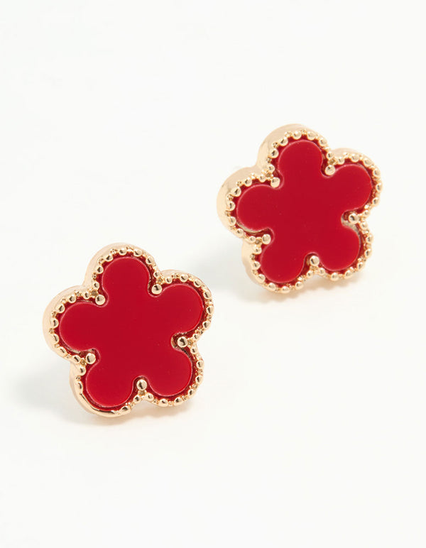 Gold Red Flower Stud Earrings