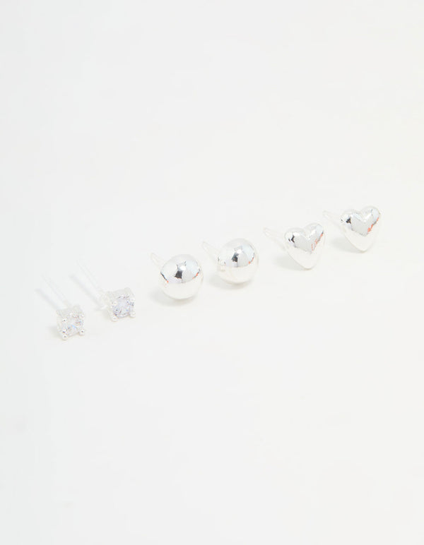 Silver Cubic Zirconia Heart & Stud Earrings 3-Pack