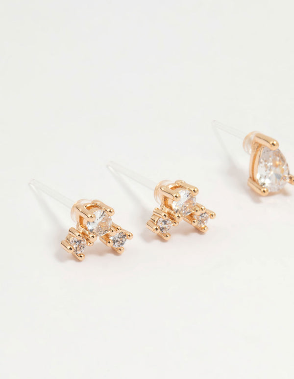 Gold Cubic Zirconia Chain Stud Earrings 4-Pack