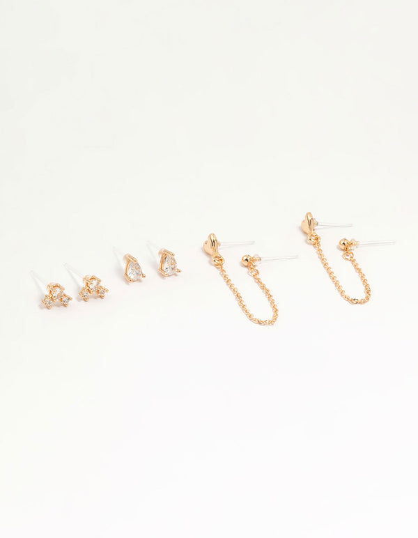 Gold Cubic Zirconia Chain Stud Earrings 4-Pack