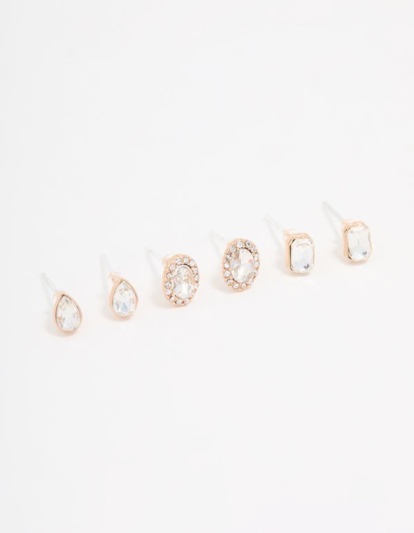 Gold Diamante Stud Earrings 3-Pack