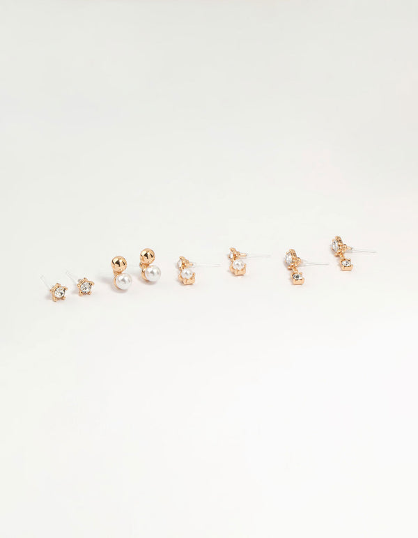 Gold Pearl & Diamante Stud Earrings 4-Pack